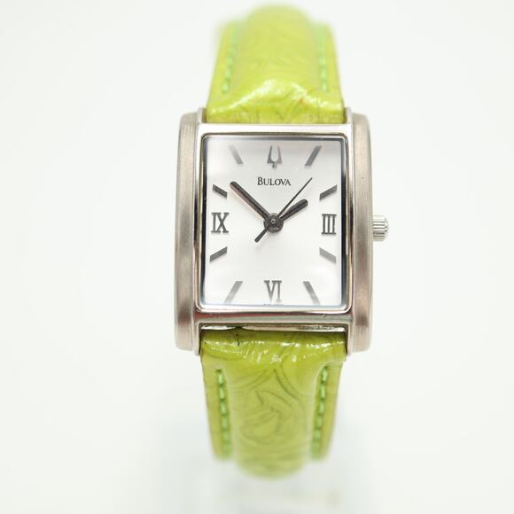 Bulova Silver Tone Womens 23mm Tank Watch Yellow Green Leather w New Battery - Picture 5 of 16